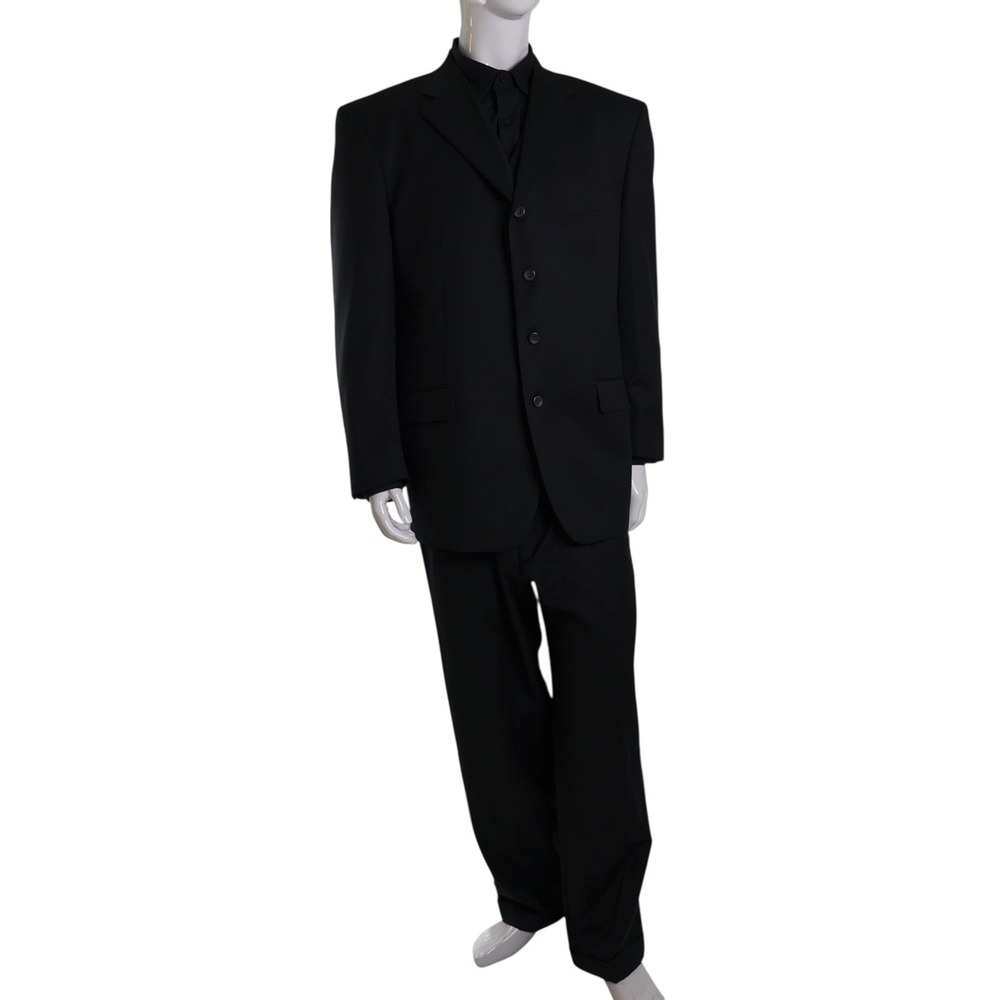 Vintage Andre Lanzino Black Wool 3pc Suit Blazer Vest Pants Mens Sz 46R Woolmark